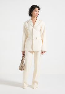 Claire - Wide Shoulder Cinch Waist Blazer - Cream