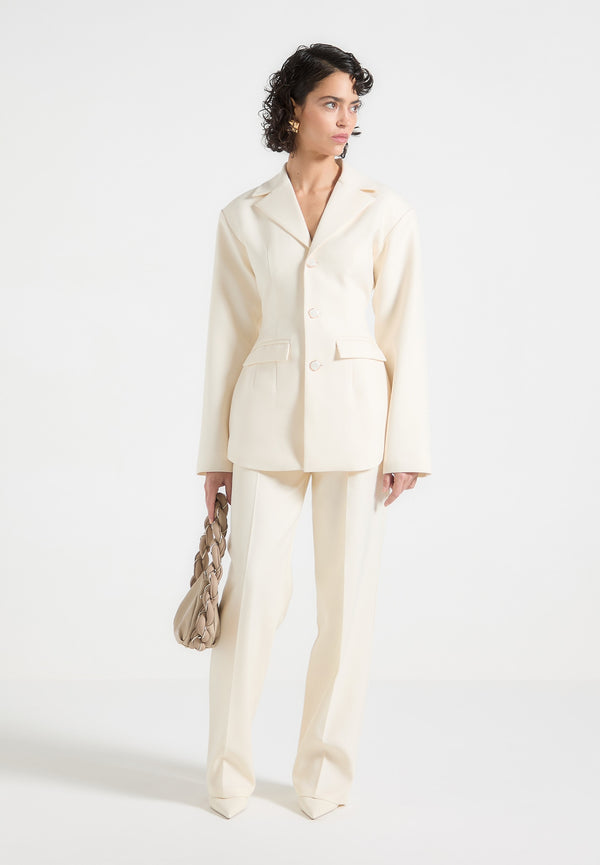 Claire - Wide Shoulder Cinch Waist Blazer - Cream