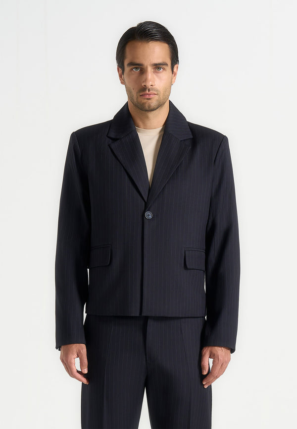 Silas - Pinstriped Tailored Cropped Blazer - Navy