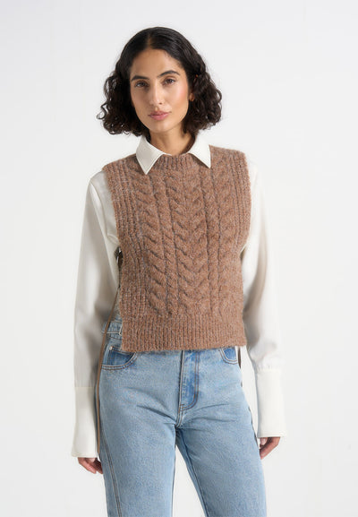Danya - Wool Cable Knit Vest With Ties - Taupe