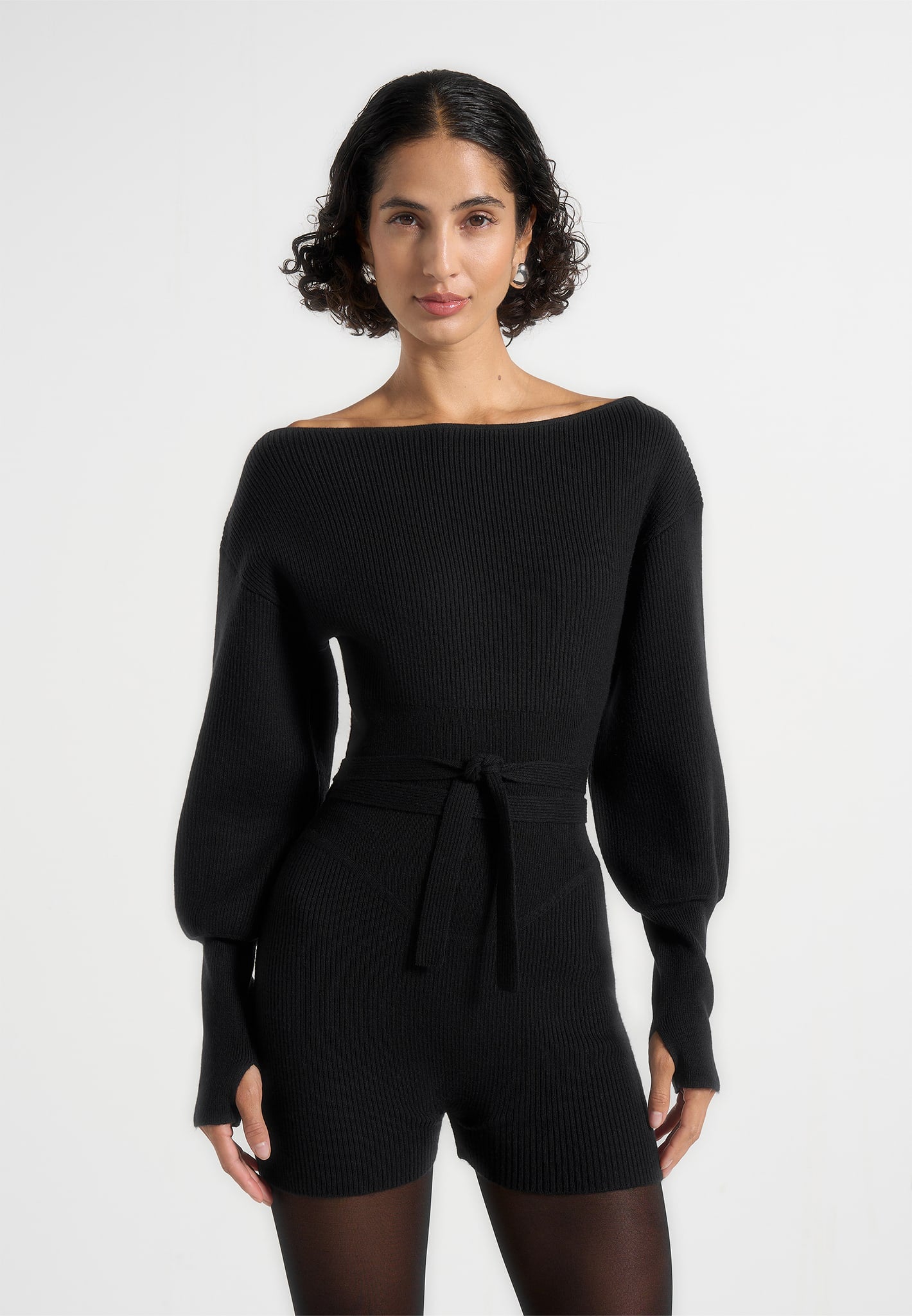 Raya - Off Shoulder Knitted Playsuit With Belt - Black 