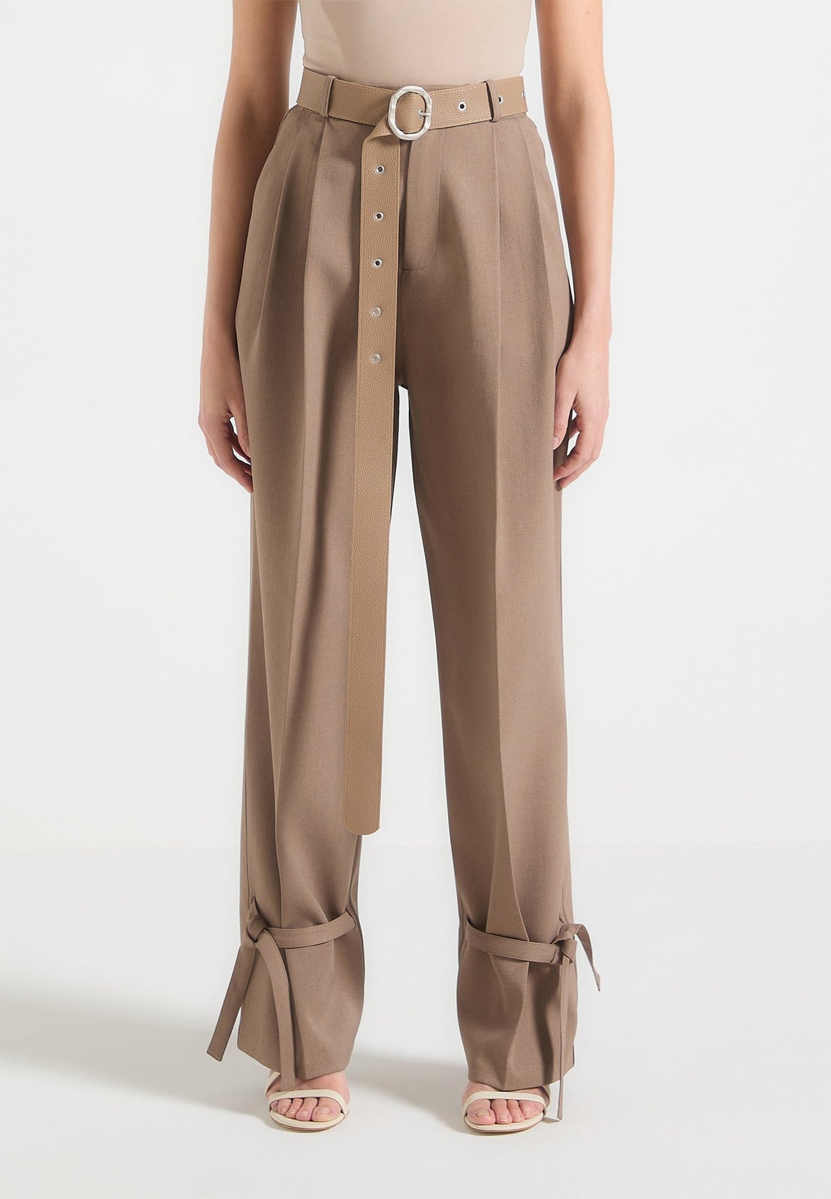 Suzanne - Tailored Trousers with Oversized Belt and Ankle Ties - Taupe