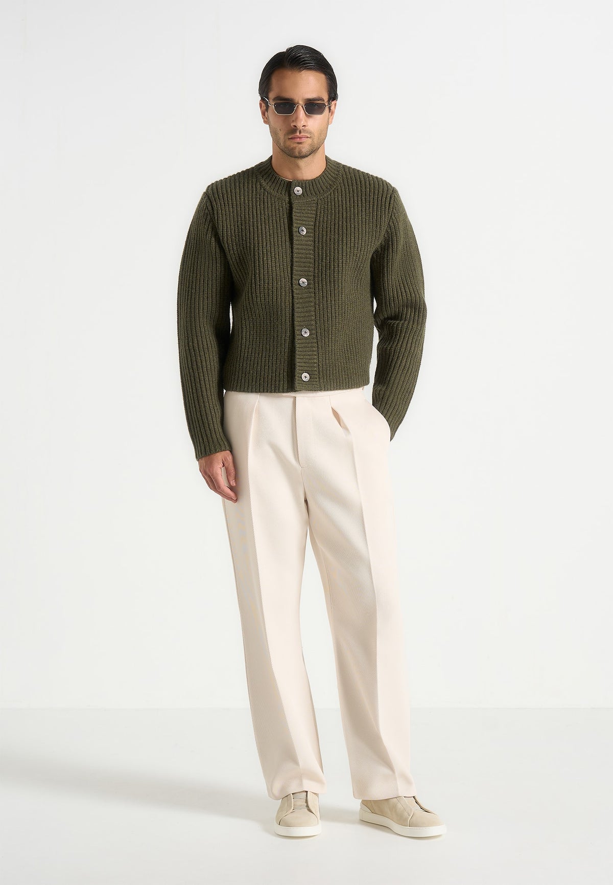 Alix - Unisex Crewneck Ribbed Knit Cardigan - Olive