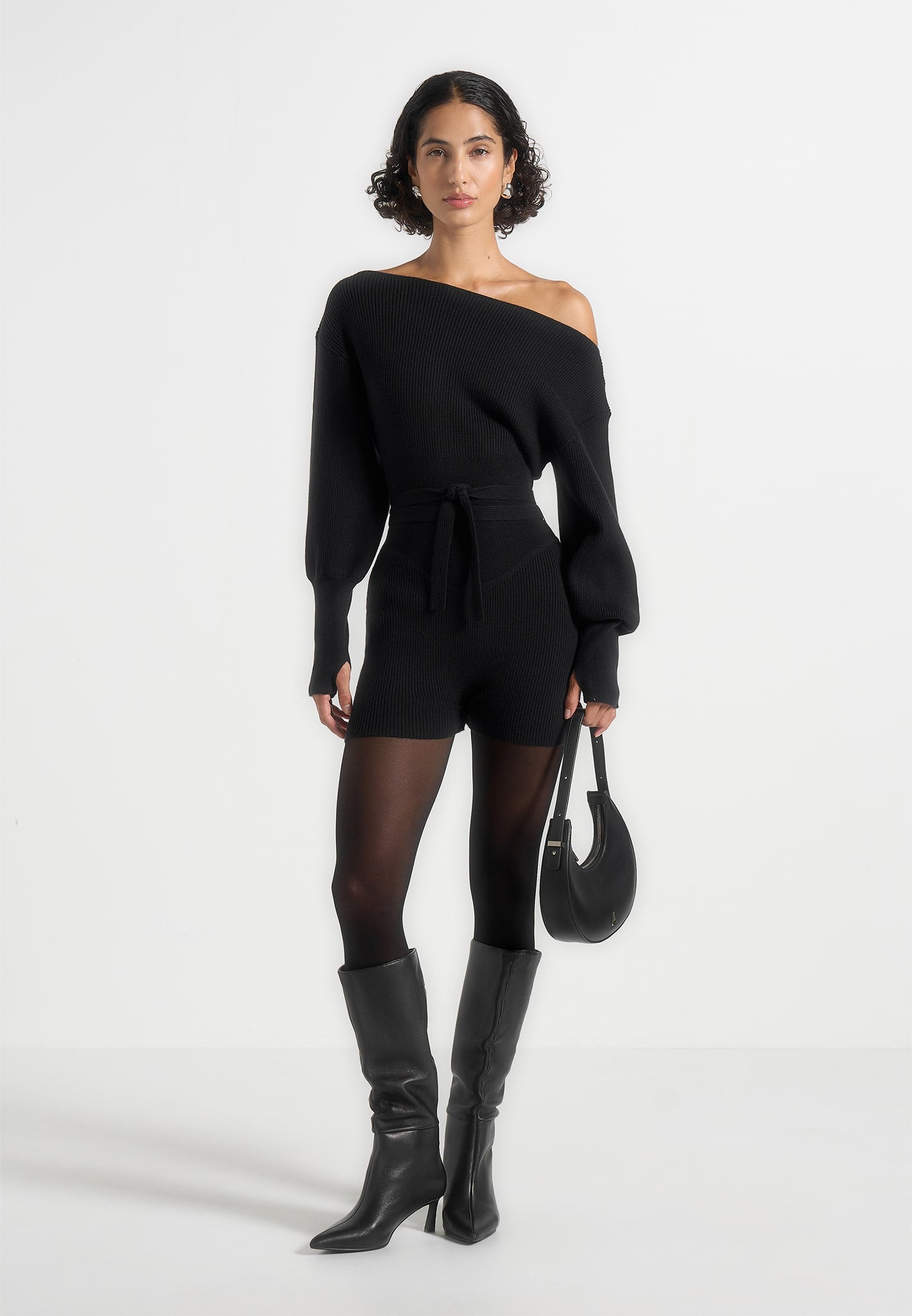 Raya - Off Shoulder Knitted Playsuit With Belt - Black 