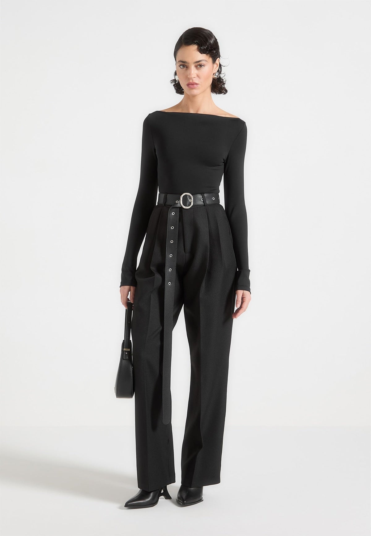 Suzanne - Tailored Trousers with Oversized Belt and Ankle Ties - Black