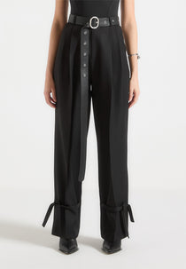 Suzanne - Tailored Trousers with Oversized Belt and Ankle Ties - Black