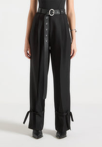 Suzanne - Tailored Trousers with Oversized Belt and Ankle Ties - Black