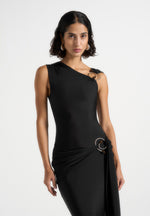 Rania - Asymmetric Draped Midaxi Dress - Black