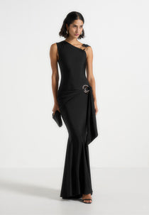 Rania - Asymmetric Draped Maxi Dress - Black