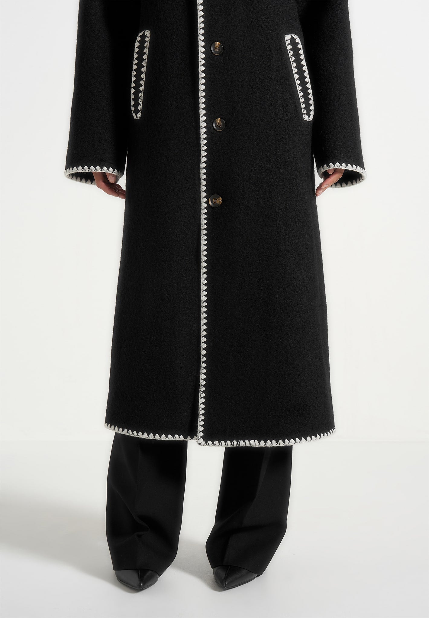 Elora - Wool Blanket Stitch Belted Longline Coat - Black