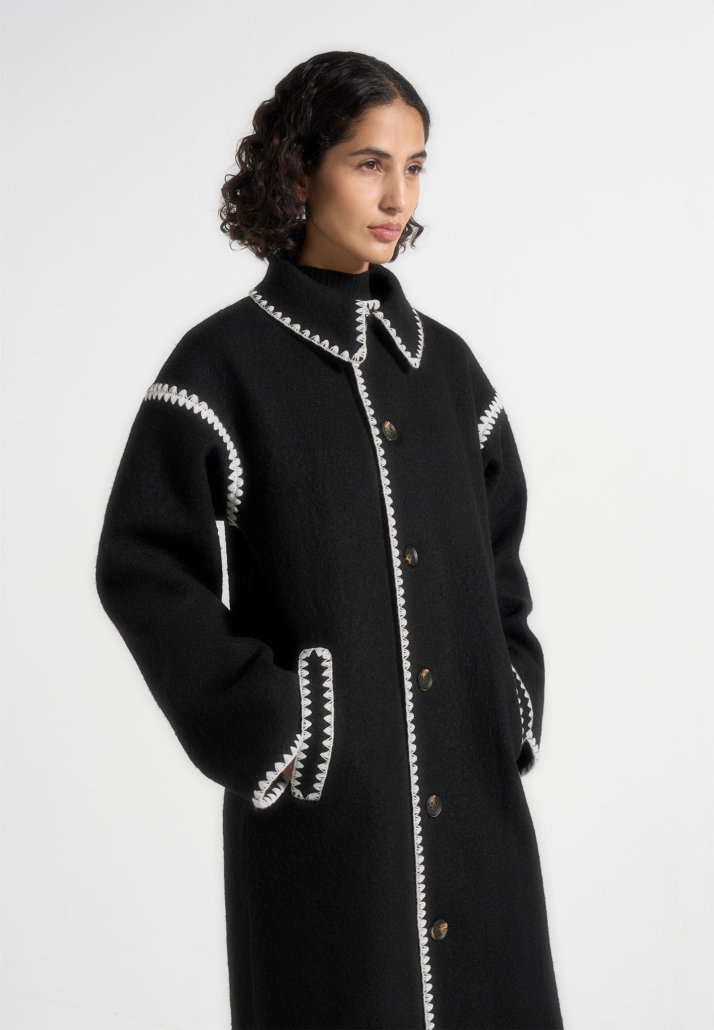 Elora - Wool Blanket Stitch Belted Longline Coat - Black 