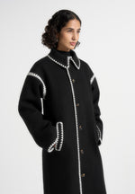 Elora - Wool Blanket Stitch Belted Longline Coat - Black