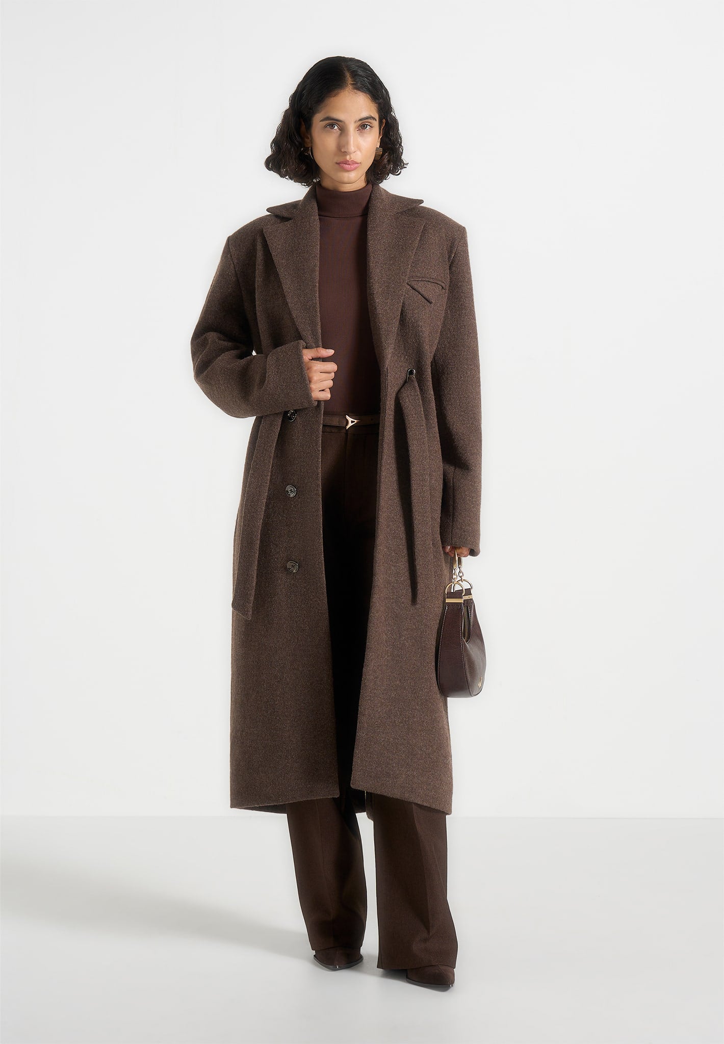 Jena - Wide Shoulder Wool Coat with Cinch Belt - Brown