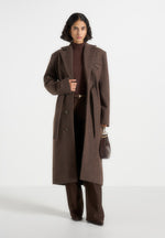 Jena - Wide Shoulder Wool Coat with Cinch Belt - Brown