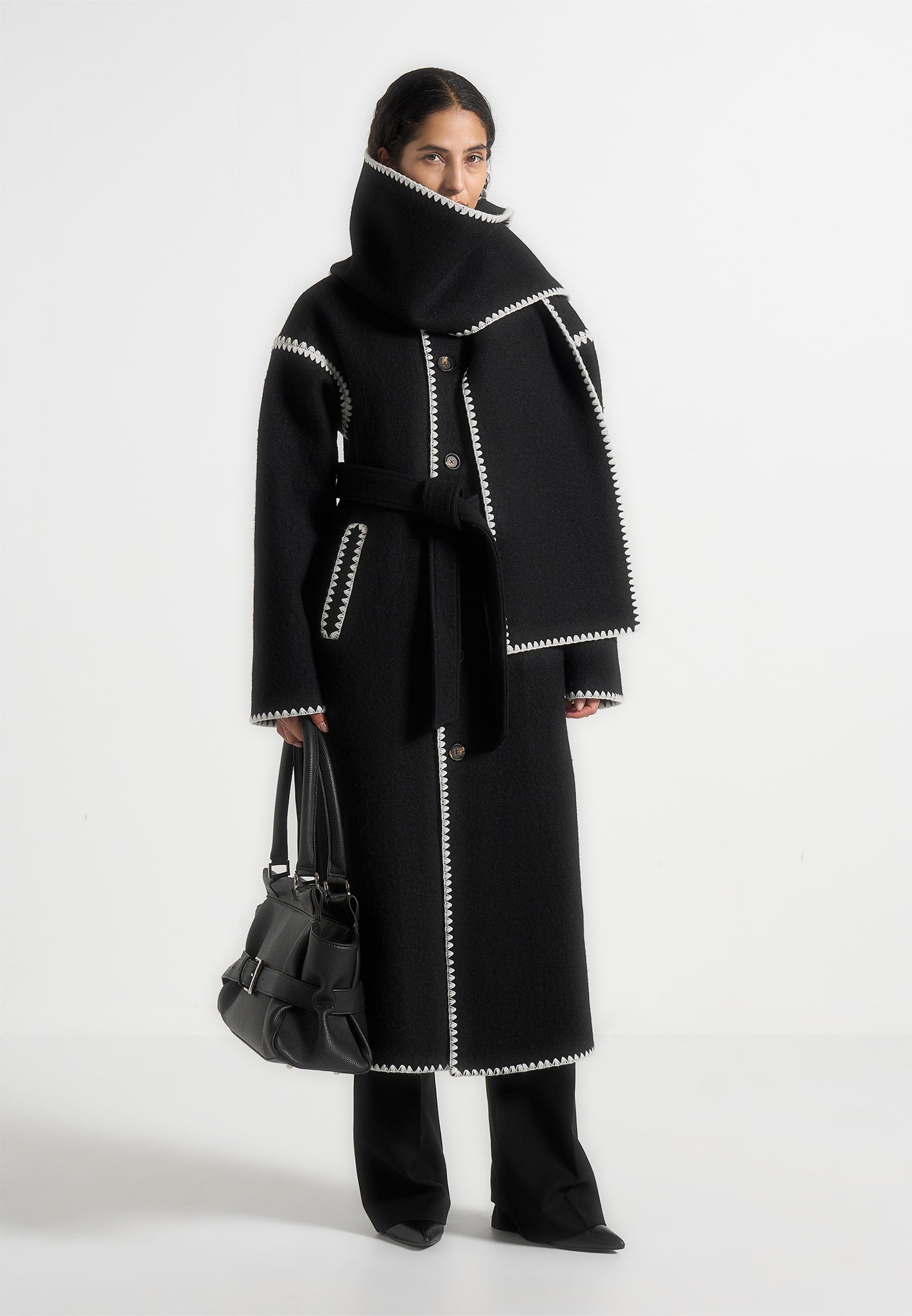 Elora - Wool Blanket Stitch Belted Longline Coat - Black 