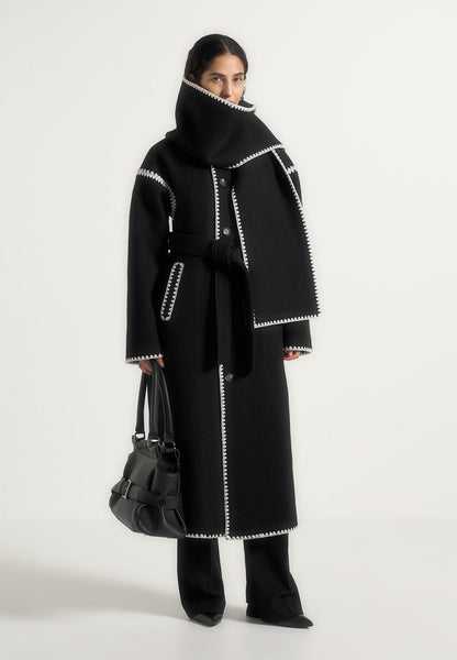 Elora - Wool Blanket Stitch Belted Longline Coat - Black | Manière