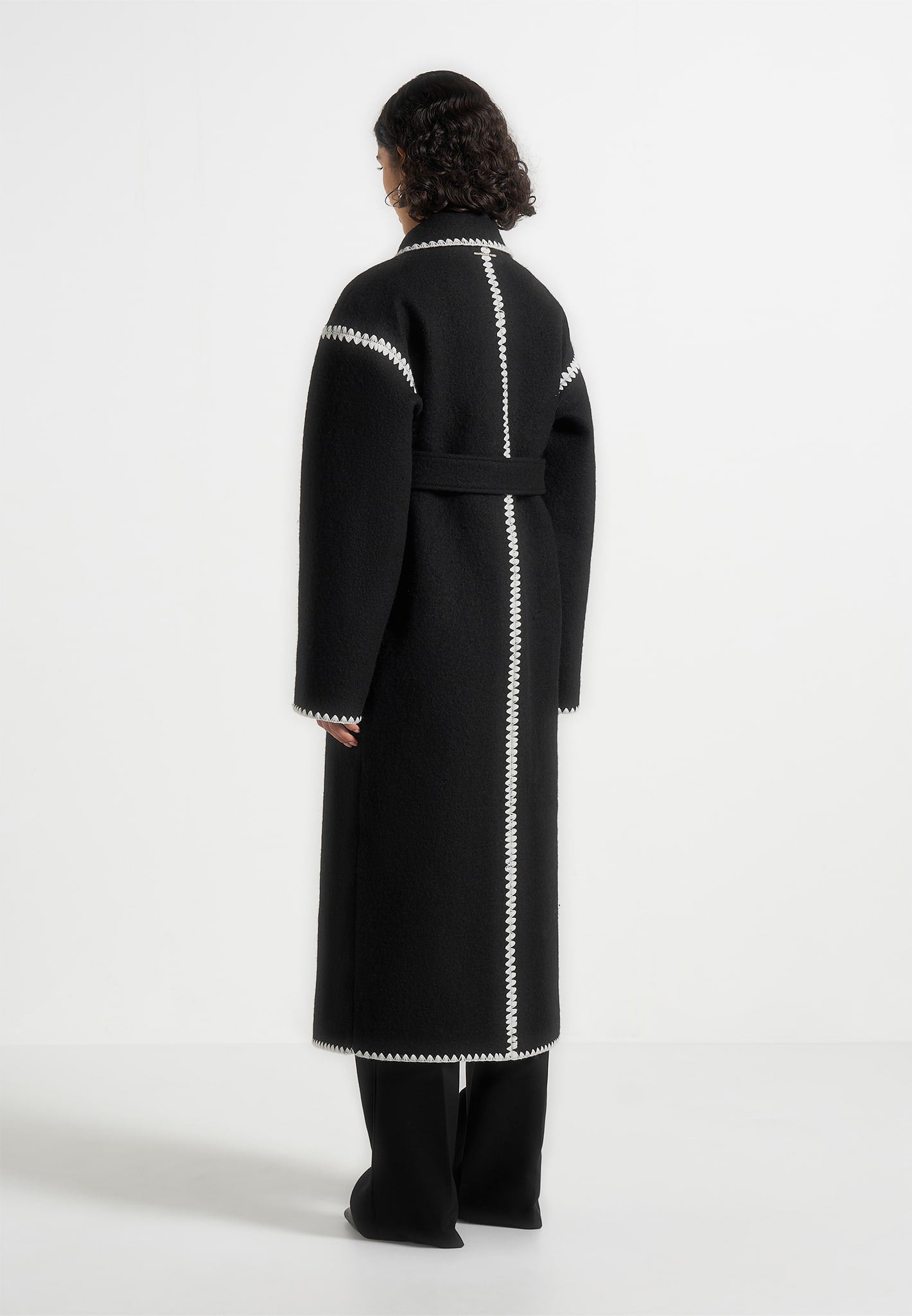 Elora - Wool Blanket Stitch Belted Longline Coat - Black