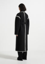 Elora - Wool Blanket Stitch Belted Longline Coat - Black