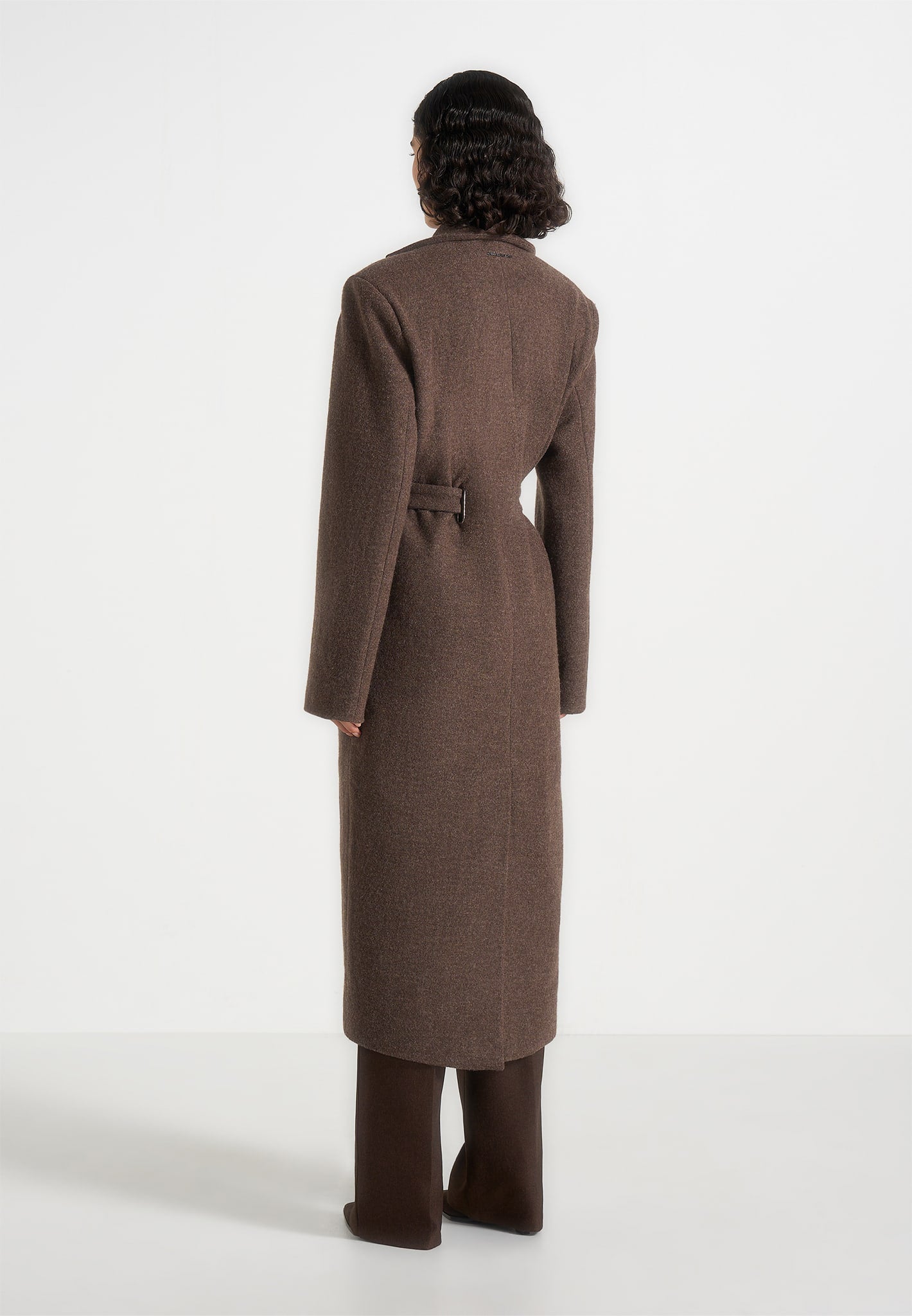 Jena - Wide Shoulder Wool Coat with Cinch Belt - Brown