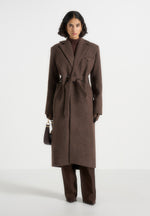 Jena - Wide Shoulder Wool Coat with Cinch Belt - Brown