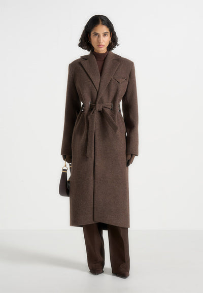 Jena - Wide Shoulder Wool Coat with Cinch Belt - Brown