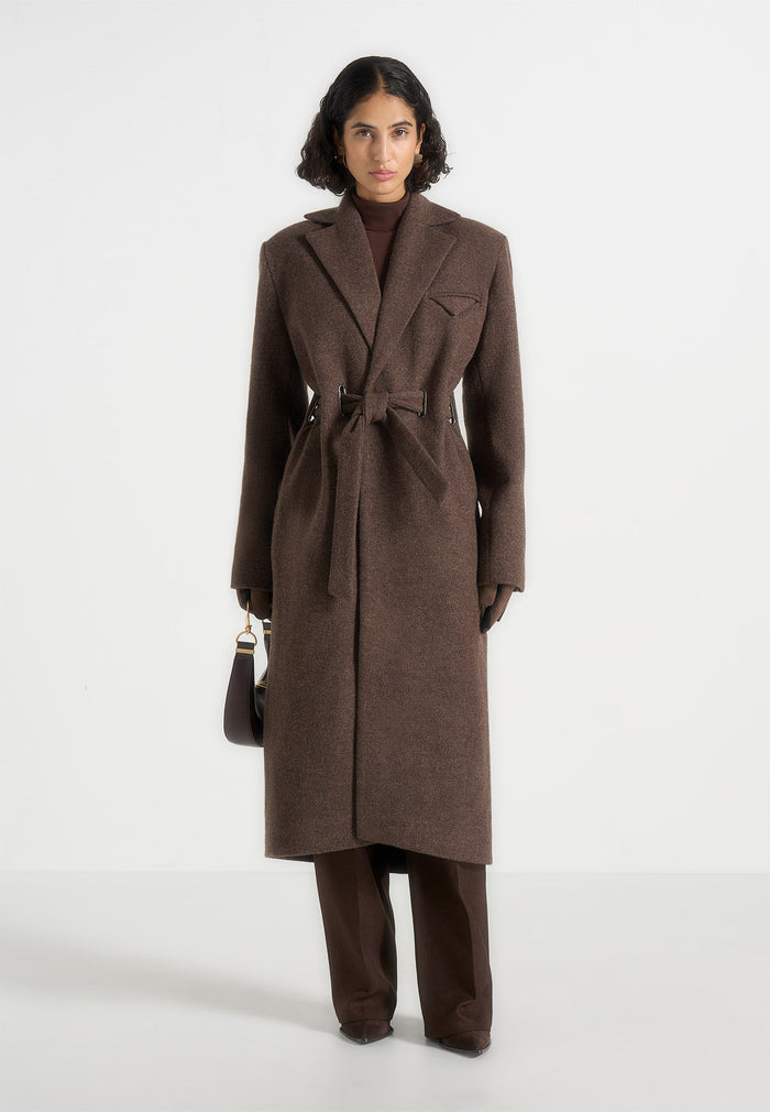 Jena - Wide Shoulder Wool Coat with Cinch Belt - Brown