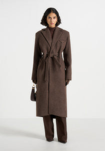 Jena - Wide Shoulder Wool Coat with Cinch Belt - Brown
