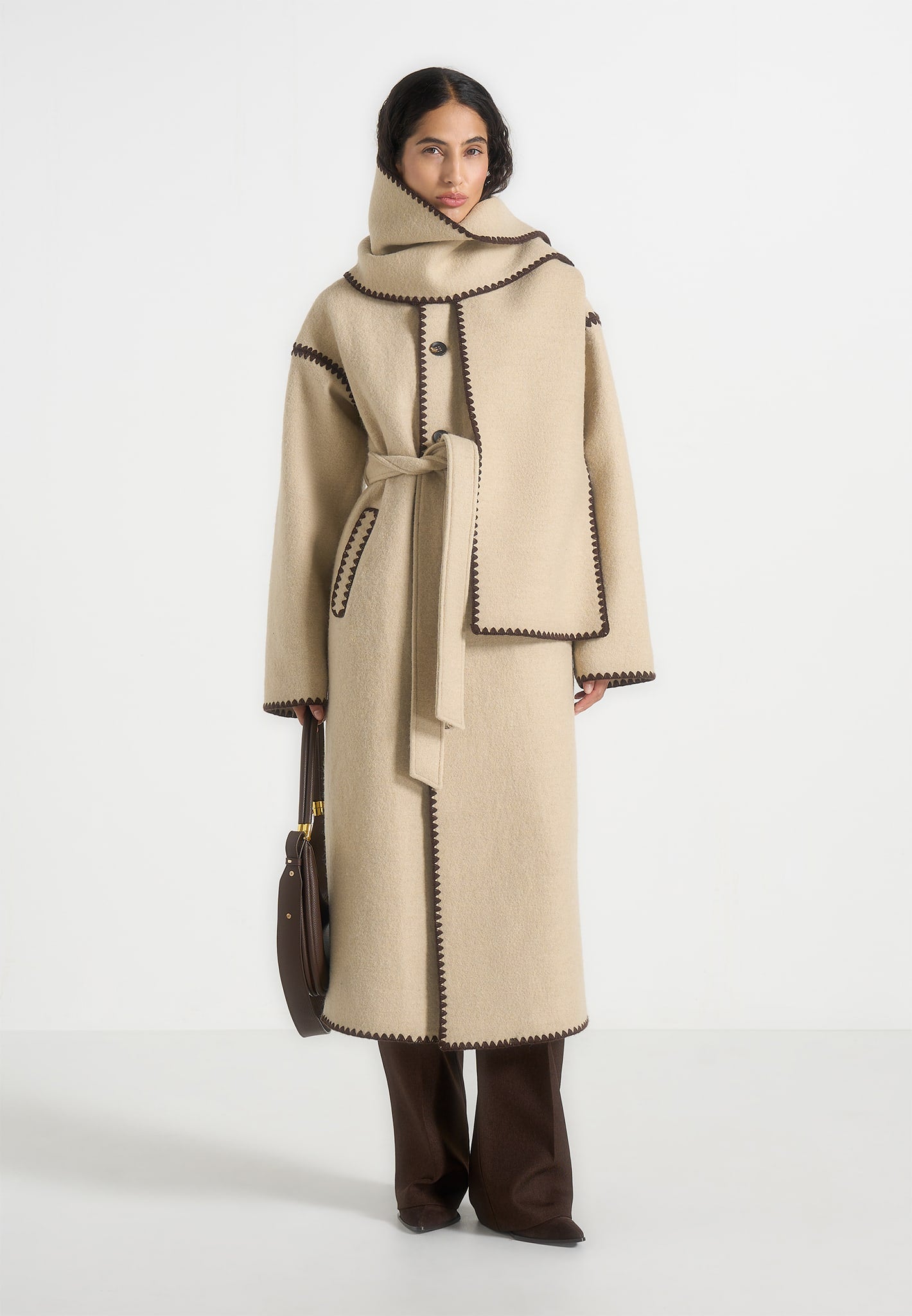 Elora - Wool Blanket Stitch Belted Longline Coat - Beige 