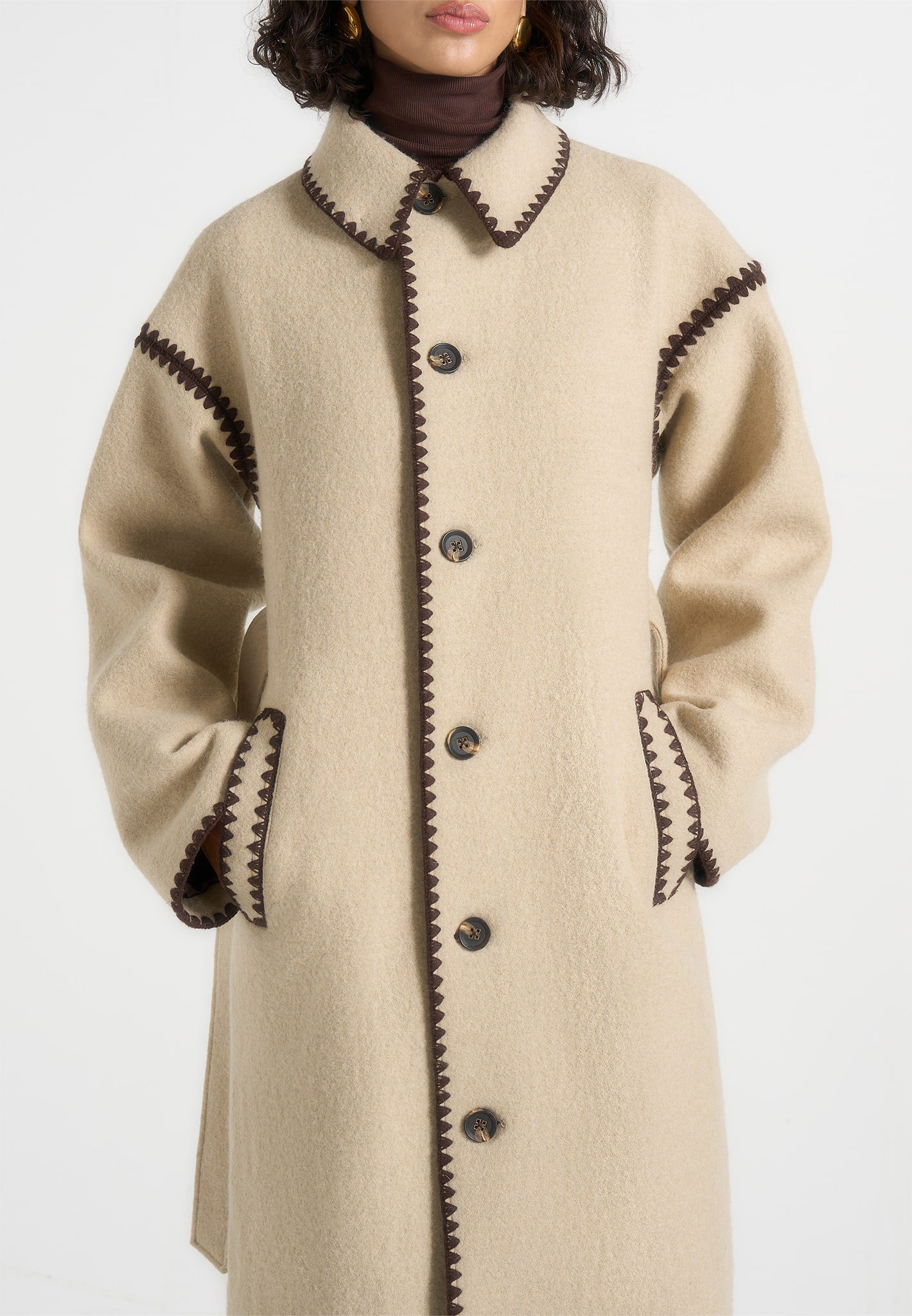 Elora - Wool Blanket Stitch Belted Longline Coat - Beige 
