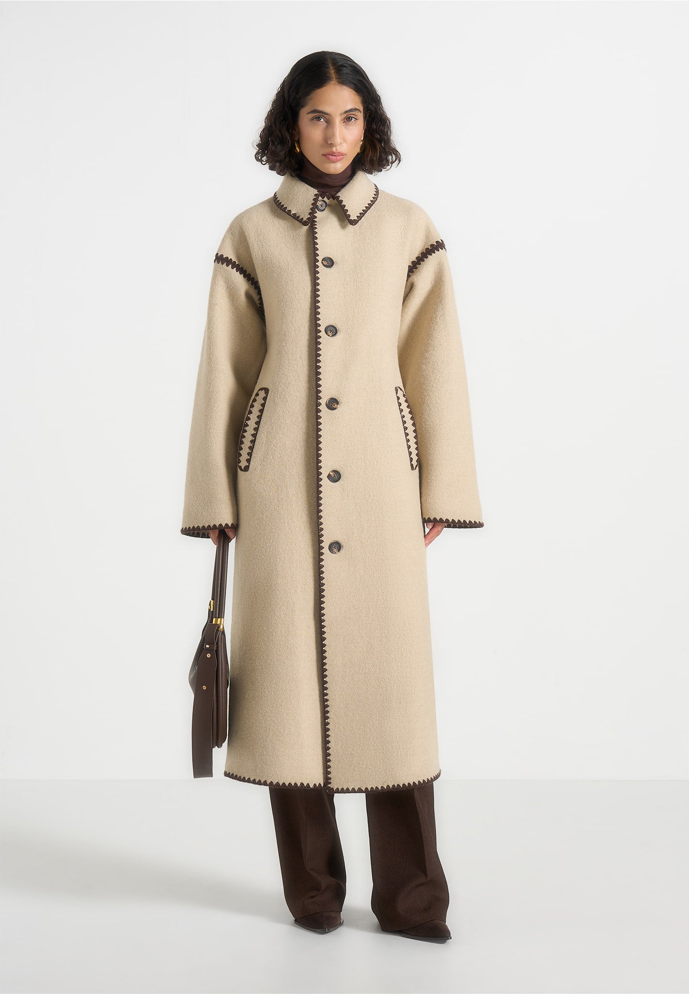 Elora Wool Blanket Stitch Belted Longline Coat Beige Manière