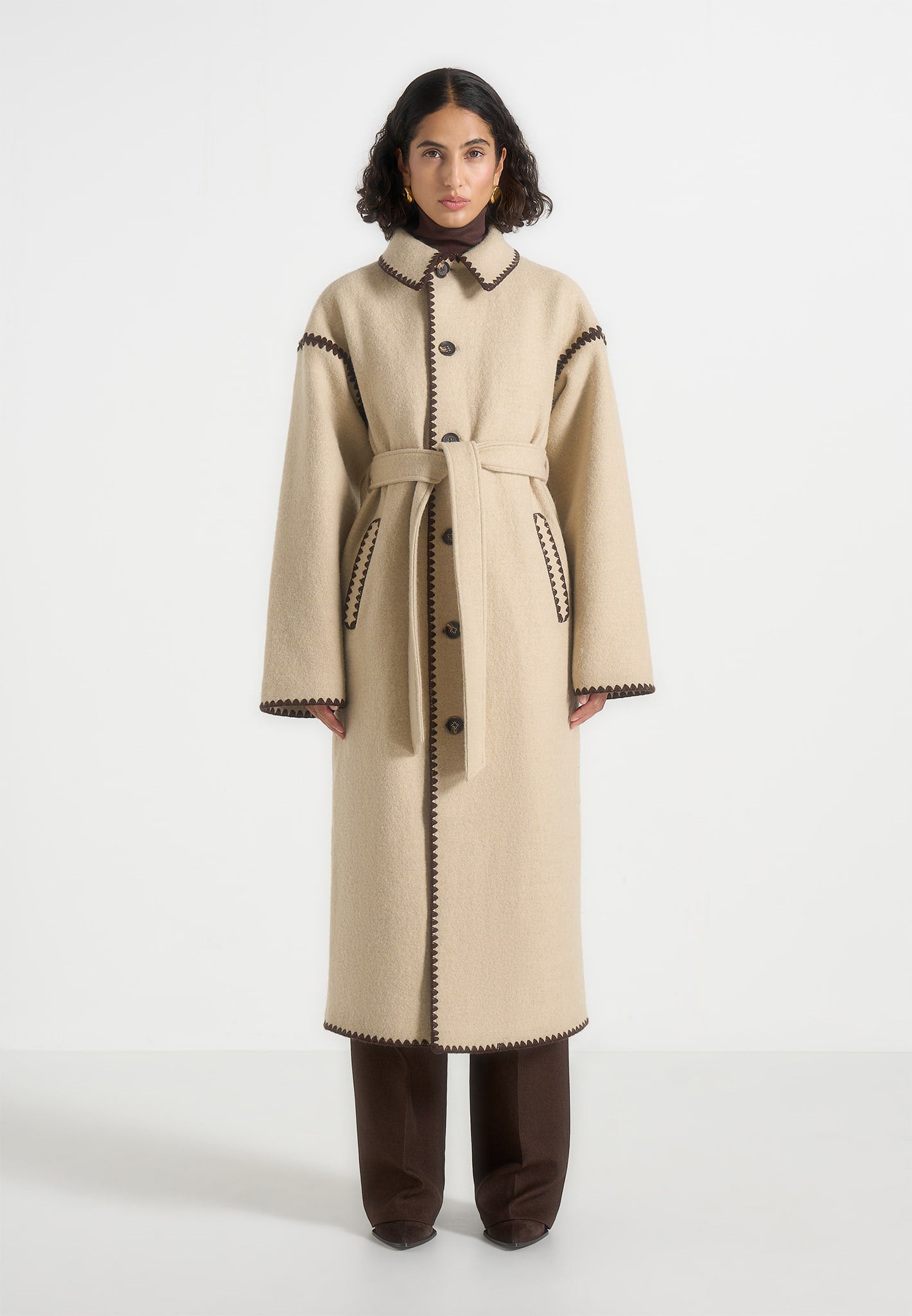 Elora - Wool Blanket Stitch Belted Longline Coat - Beige