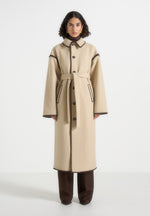 Elora - Wool Blanket Stitch Belted Longline Coat - Beige