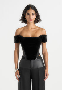 Fae - Velvet & Leather Bardot Corset Top - Black