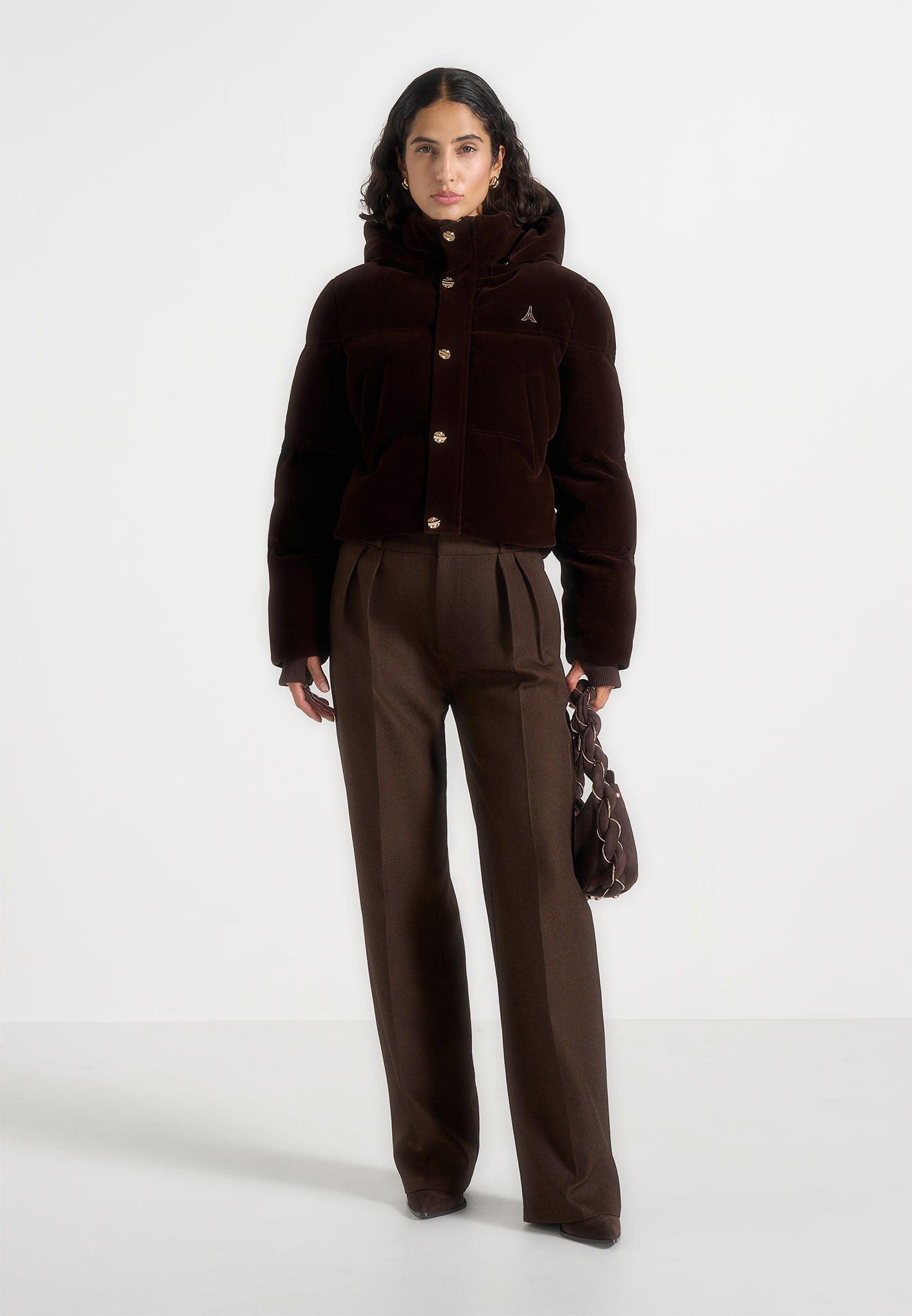 Maéva - Velvet Cropped Puffer Jacket - Brown 