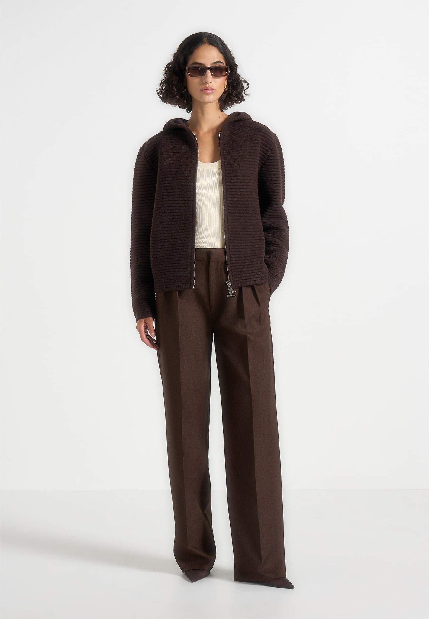 Eden - Unisex Ribbed Knit Zip Up Hoodie - Brown 
