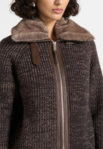 Ariel - Unisex Plush Collar Speckled Knit Jacket - Brown