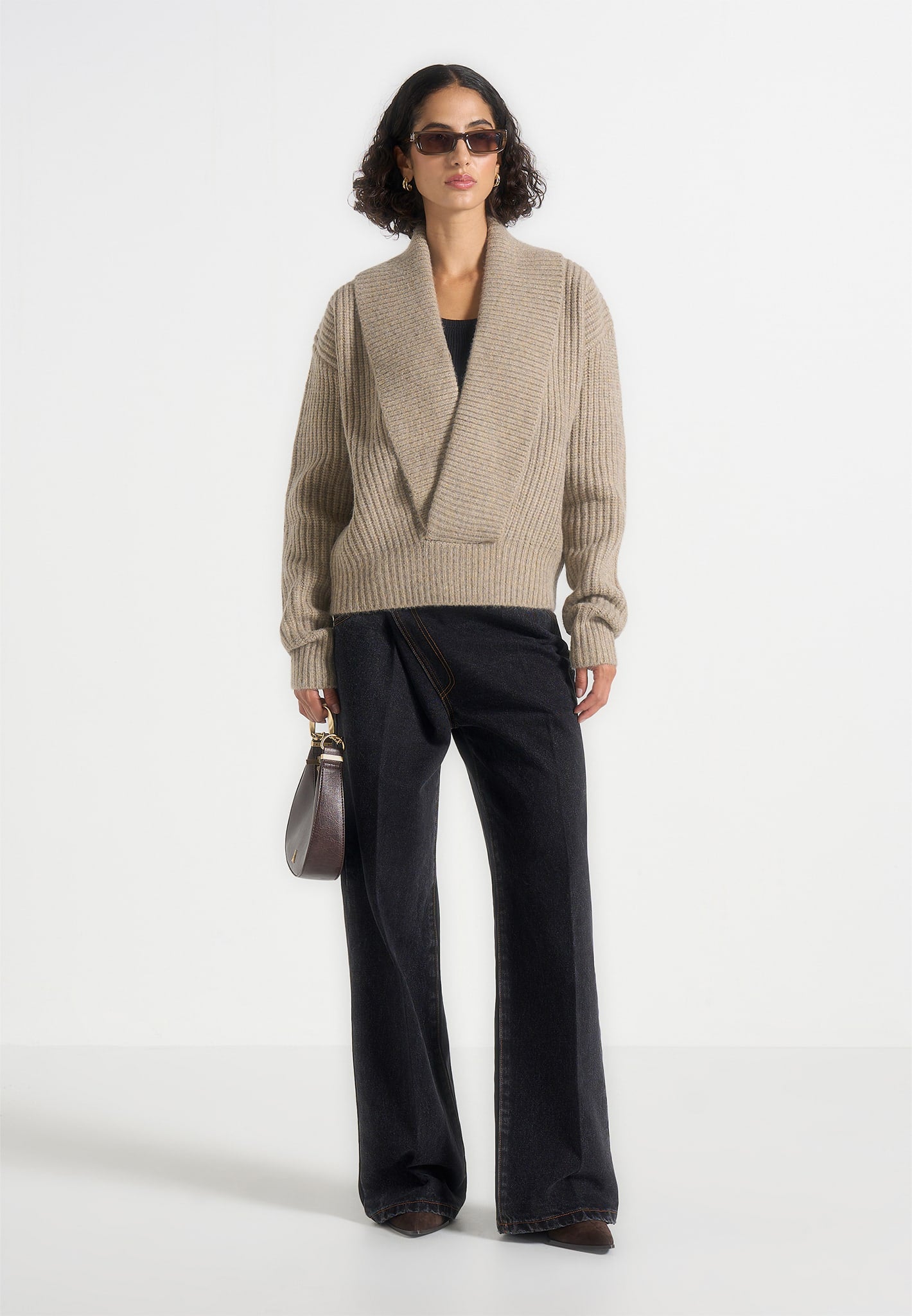 Azra - Plunge Knit Jumper - Taupe 