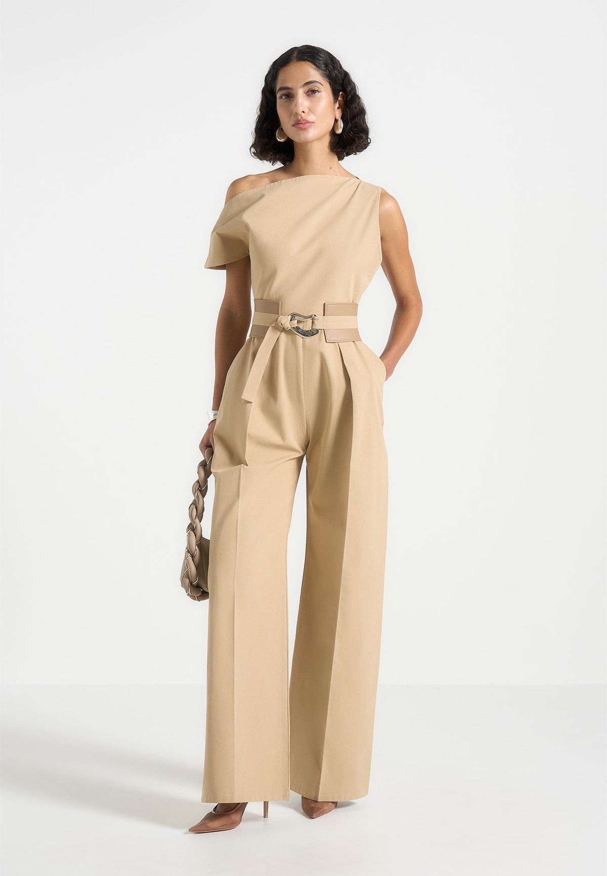 Valerie - Tailored Off Shoulder Jumpsuit with Belt - Beige