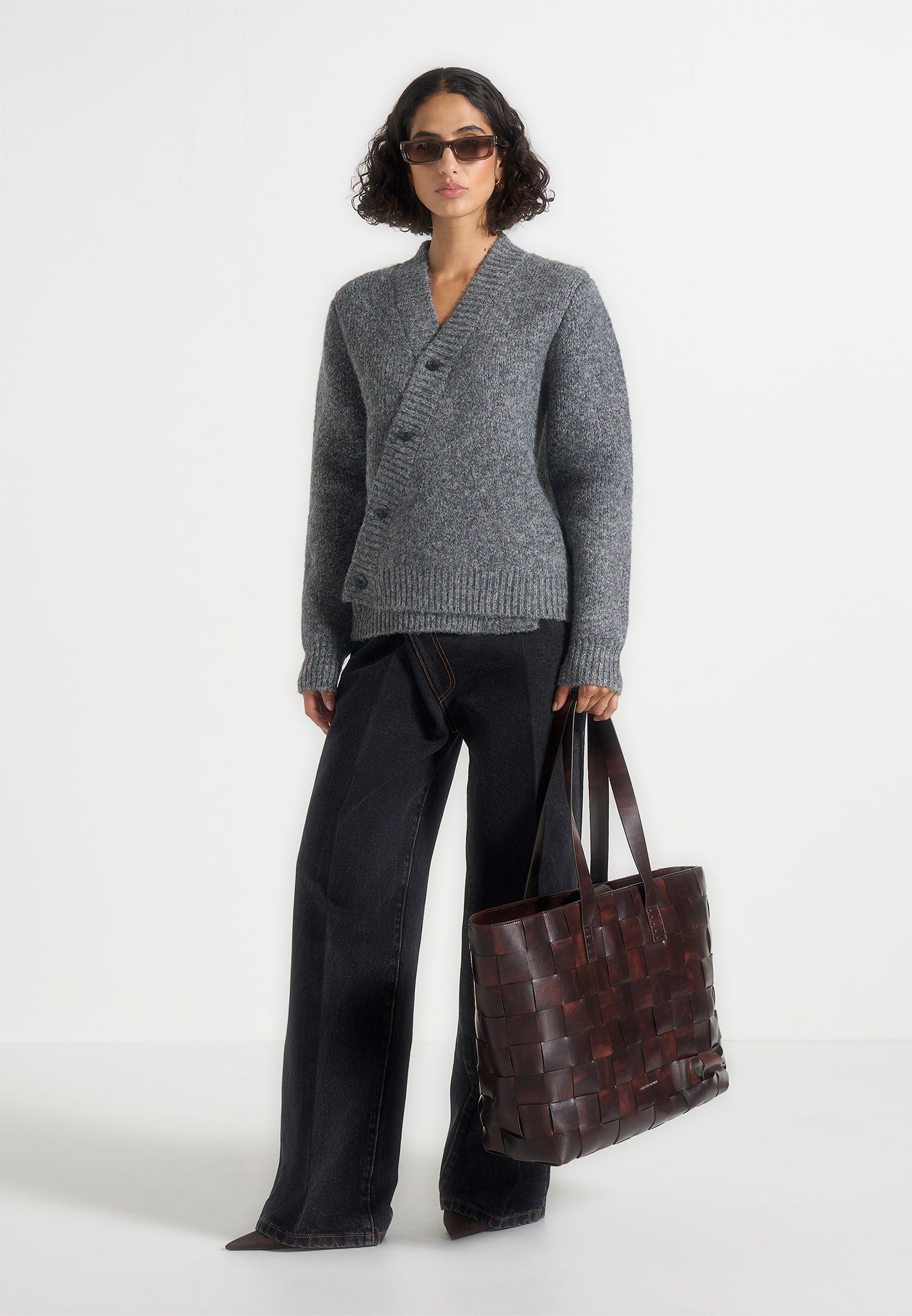 Dani - Unisex Asymmetric Brushed Wool Knit Cardigan - Grey 