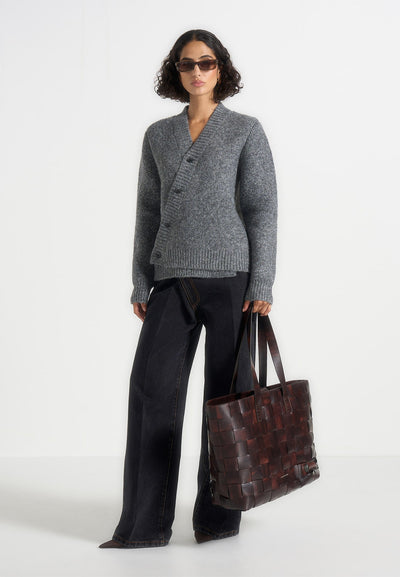 Dani - Unisex Asymmetric Brushed Wool Knit Cardigan - Grey