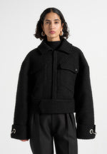Naela - Boxy Tweed Jacket With Cuff Detail - Black