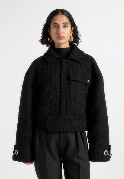 Naela - Boxy Tweed Jacket With Cuff Detail - Black