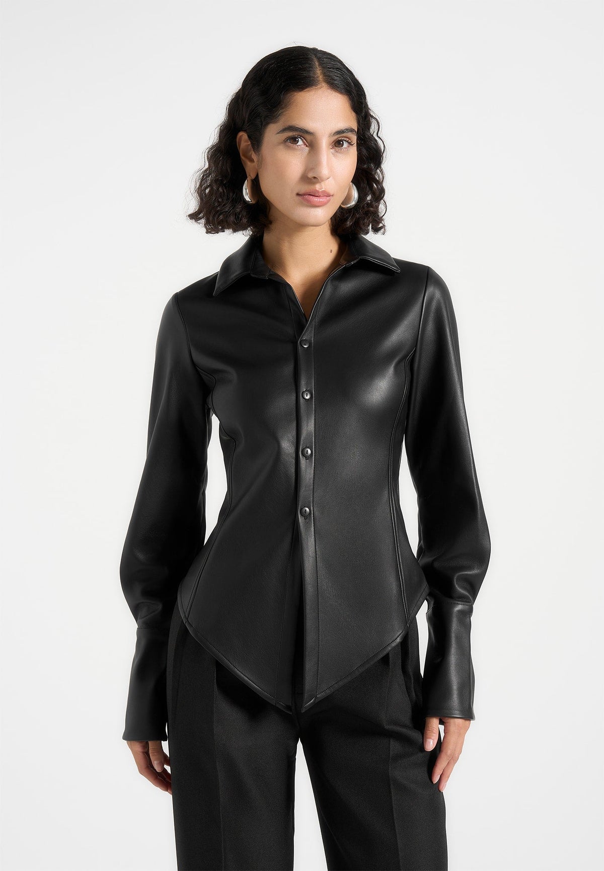 Sonia - Leather Angled Shirt - Black