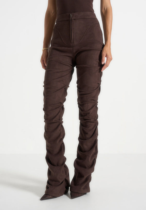 Caroline - Tacked Suede Fit & Flare Trousers - Brown