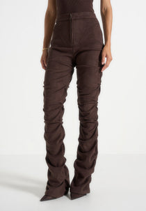 Caroline - Tacked Suede Fit & Flare Trousers - Brown