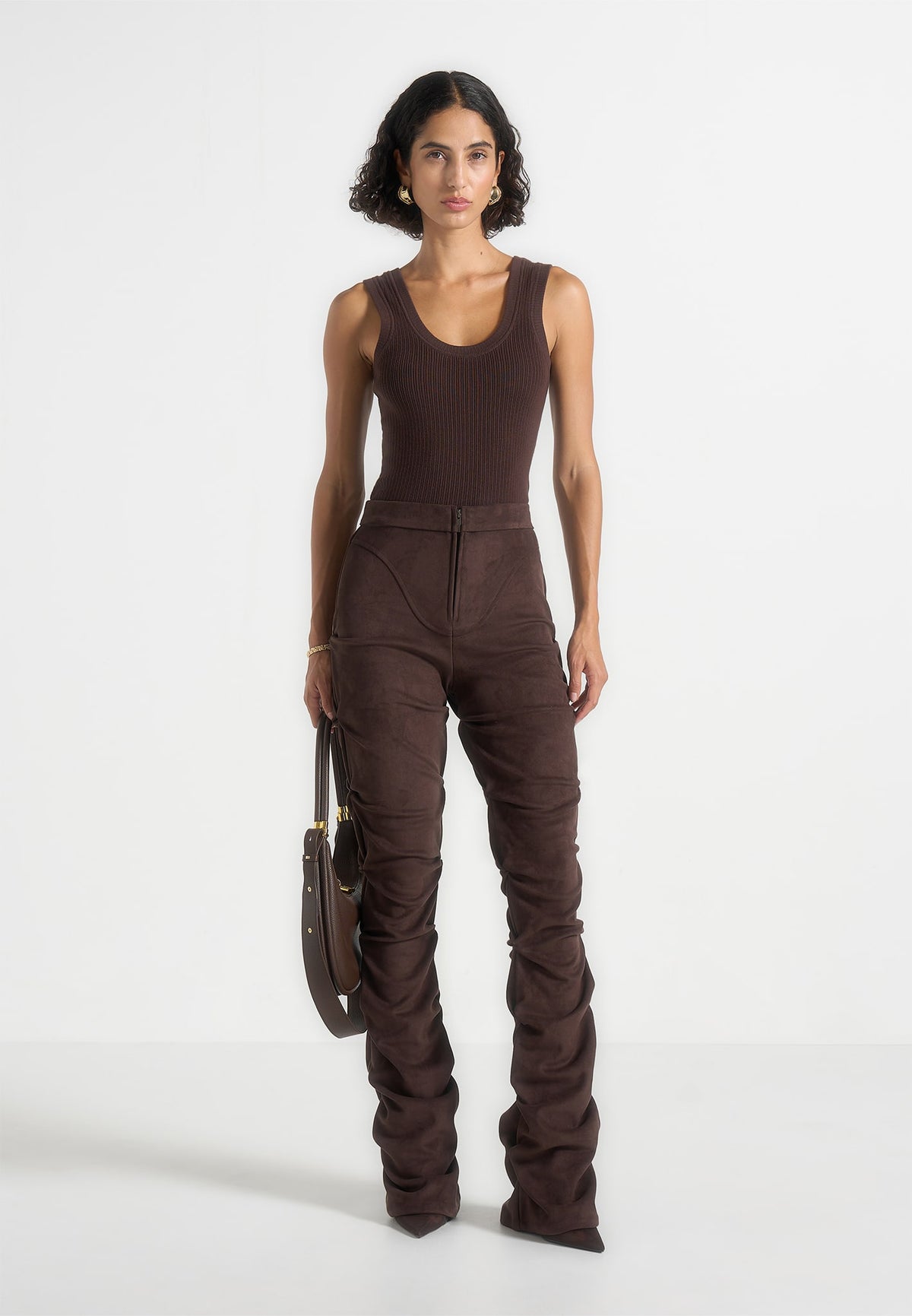 Caroline - Tacked Suede Fit & Flare Trousers - Brown