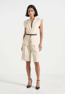 Linda - Linen Wide Shoulder Cinched Waistcoat - Natural