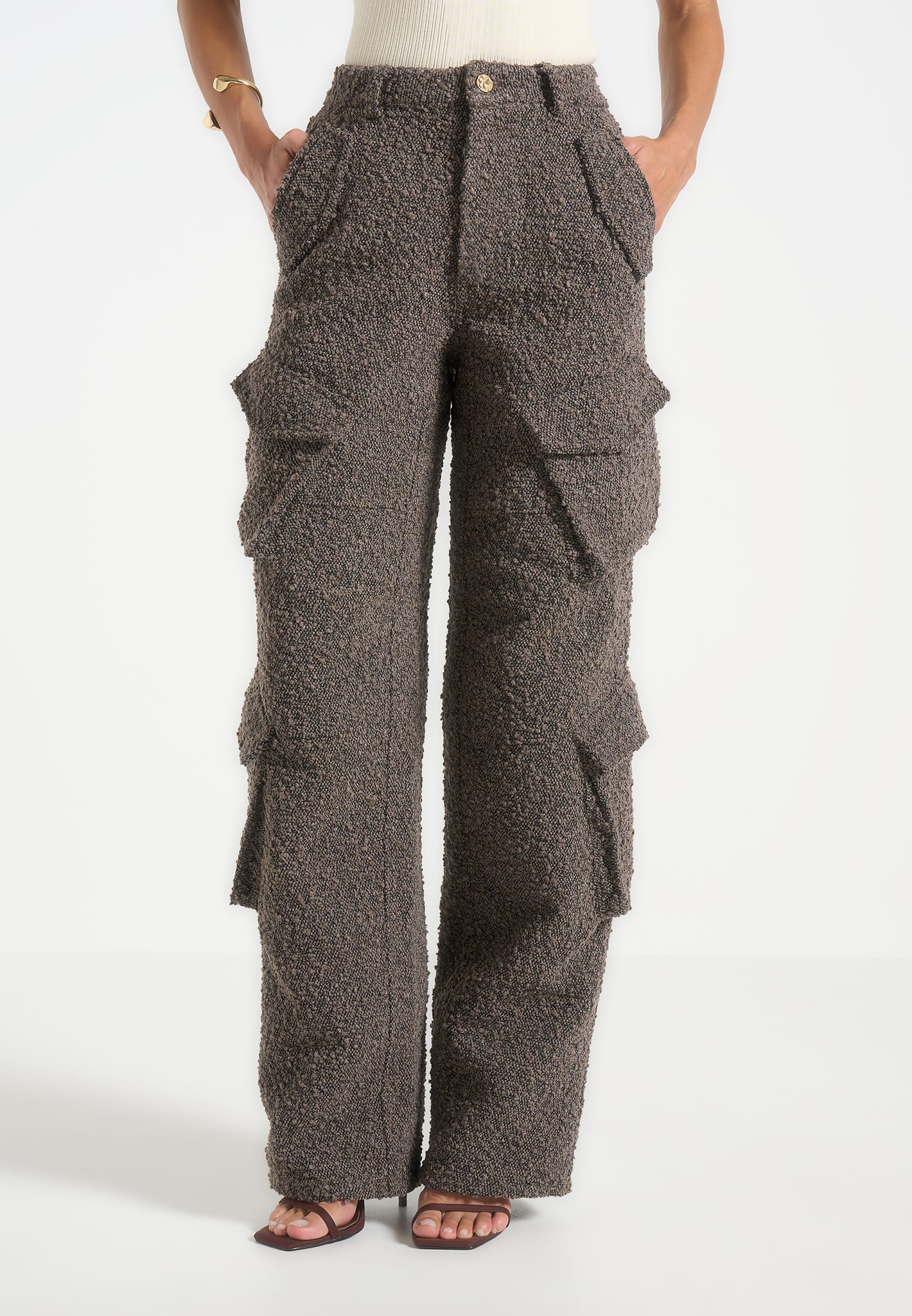 Anne - High Waisted Boucle Denim Cargo Pants - Brown