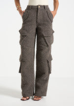 Anne - High Waisted Boucle Denim Cargo Pants - Brown