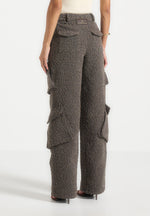 Anne - High Waisted Boucle Denim Cargo Pants - Brown